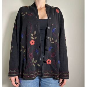 Coldwater Creek CottageCore Black Floral Button Up Sweater Size Petite Large